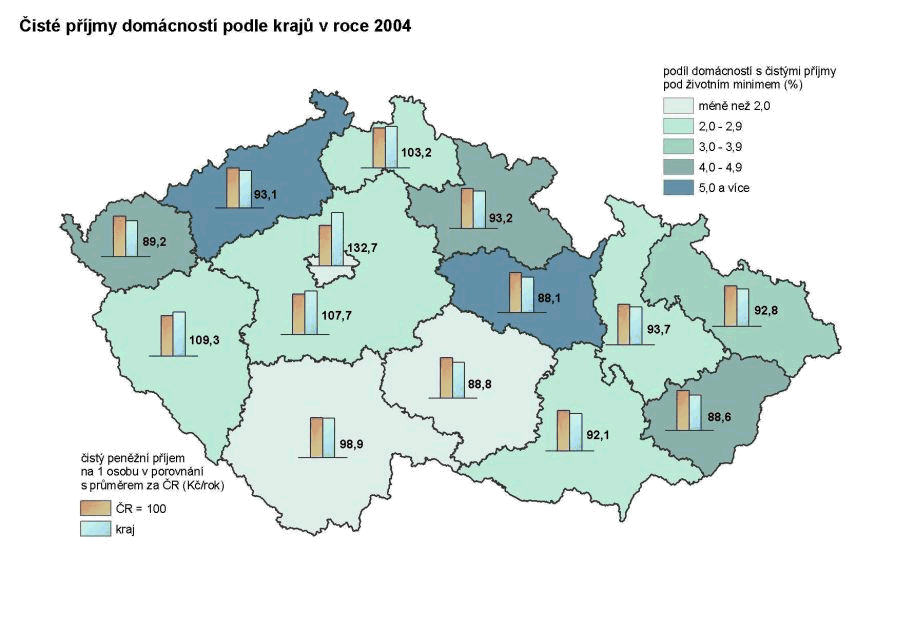 Kartogram 8 Čisté příjmy domácností podle krajů v roce 2004